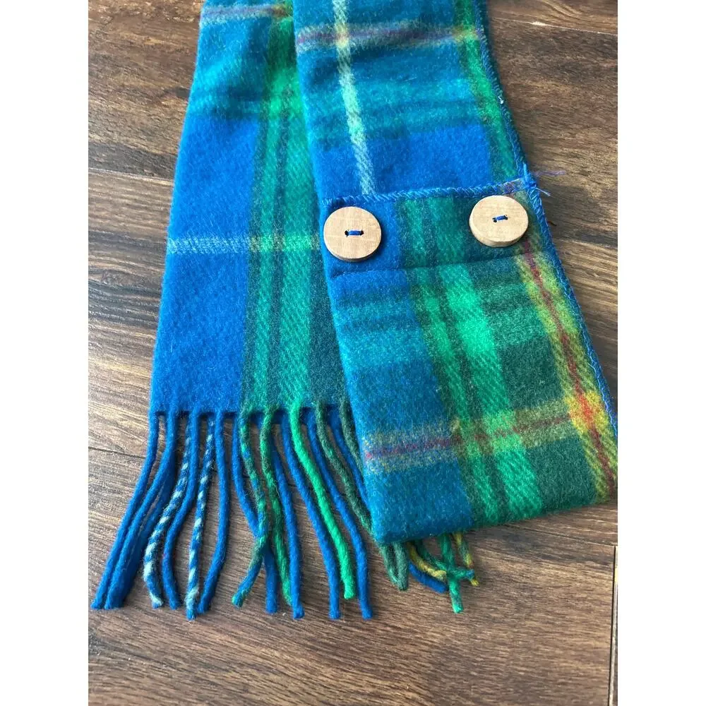 Patrick Kins Merino Wool Scarf Blue Plaid Fringe Buttons Pocket Tartan Scottish